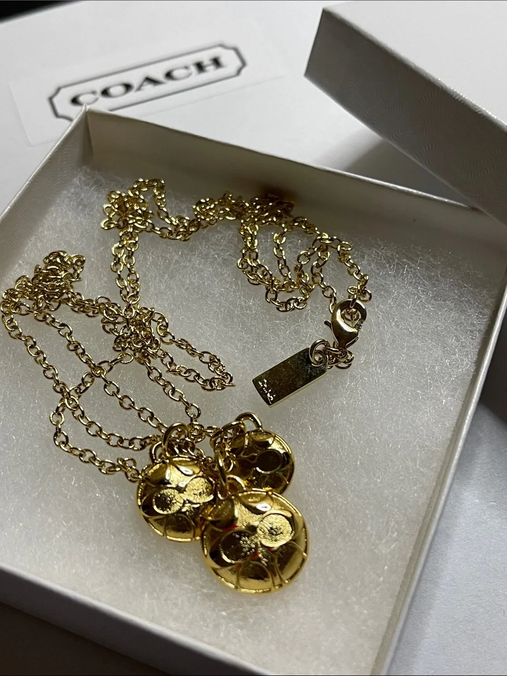 Coach Gold Pendant Necklace with Triple Medallion Reversible Charms